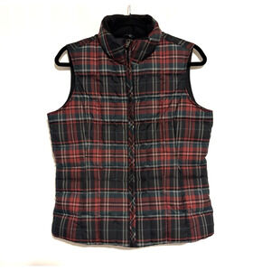 Eddie Bauer Goose Down Vest Puffer Small Plaid Check Red Black Pockets